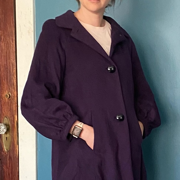 Banana Republic purple wool coat puff sleeves pockets large buttons. - Picture 2 of 8